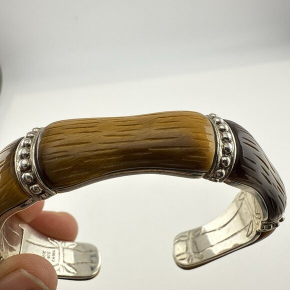 Whitney Kelly Bracelet Cuff Tigers Eye Bamboo Hinged Sterling Silver 54g QVC - Picture 12 of 13